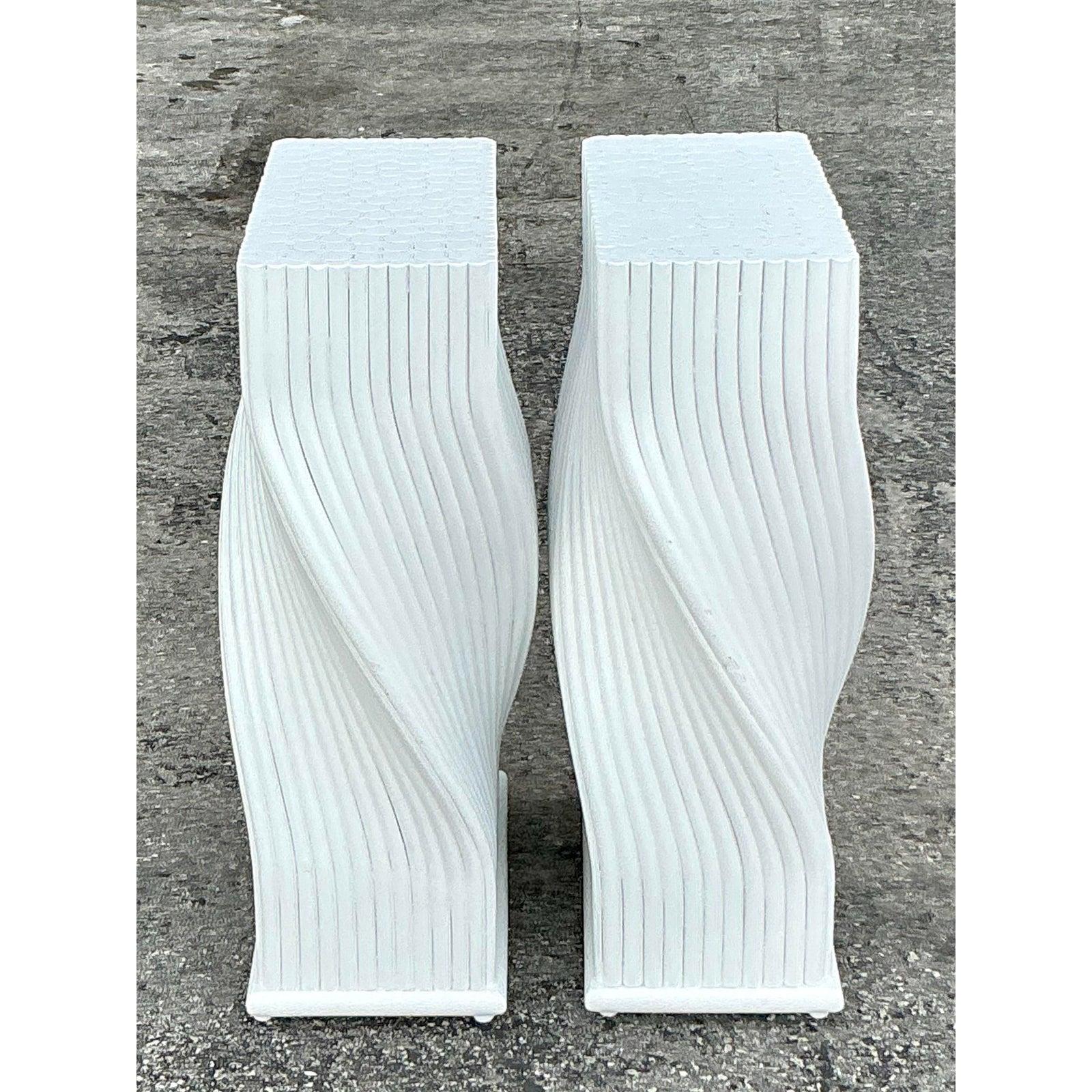 20th Century Vintage Coastal Twisted Rattan Dining Table Pedestals - Set of 2 For Sale