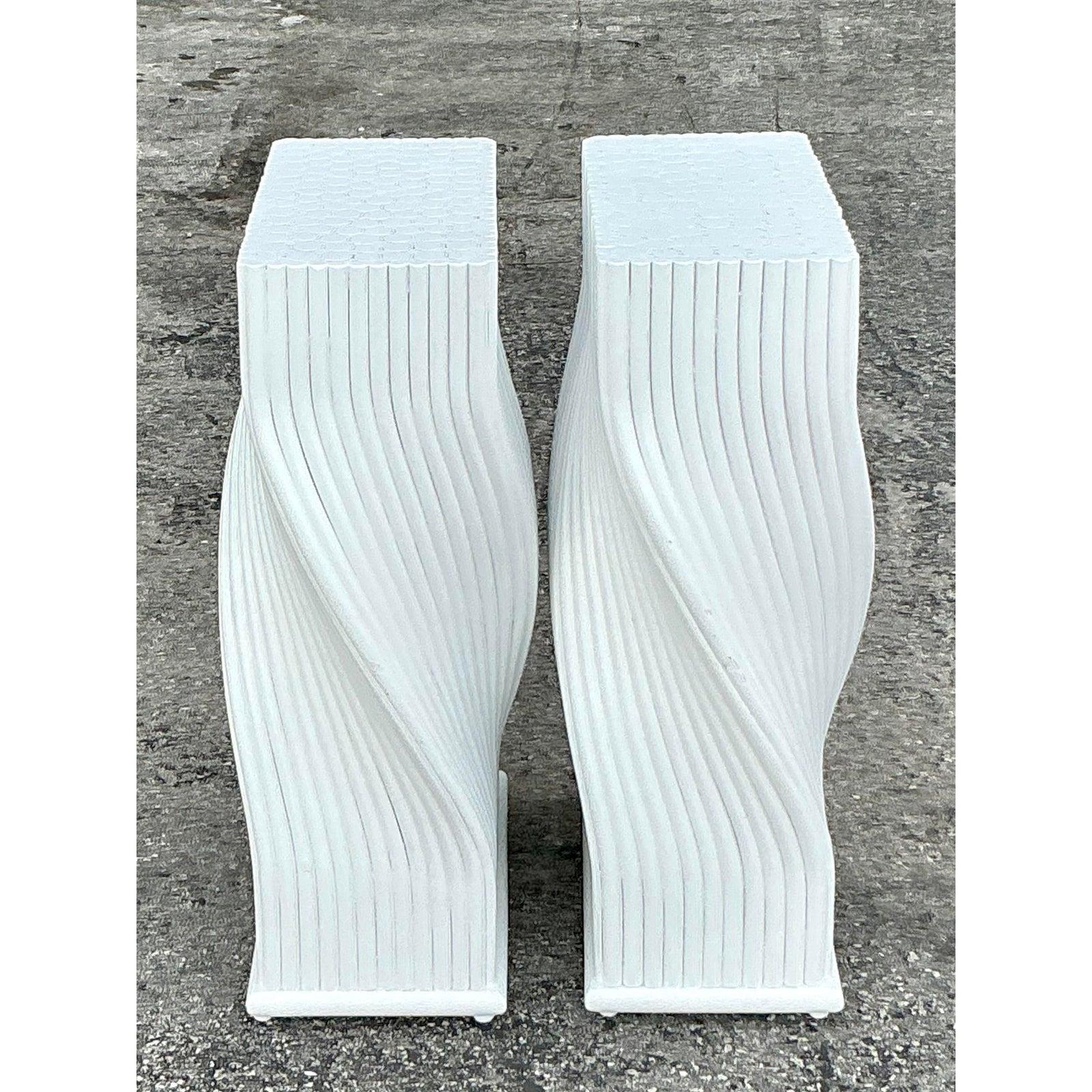 Vintage Coastal Twisted Rattan Dining Table Pedestals - Set of 2 For Sale 1