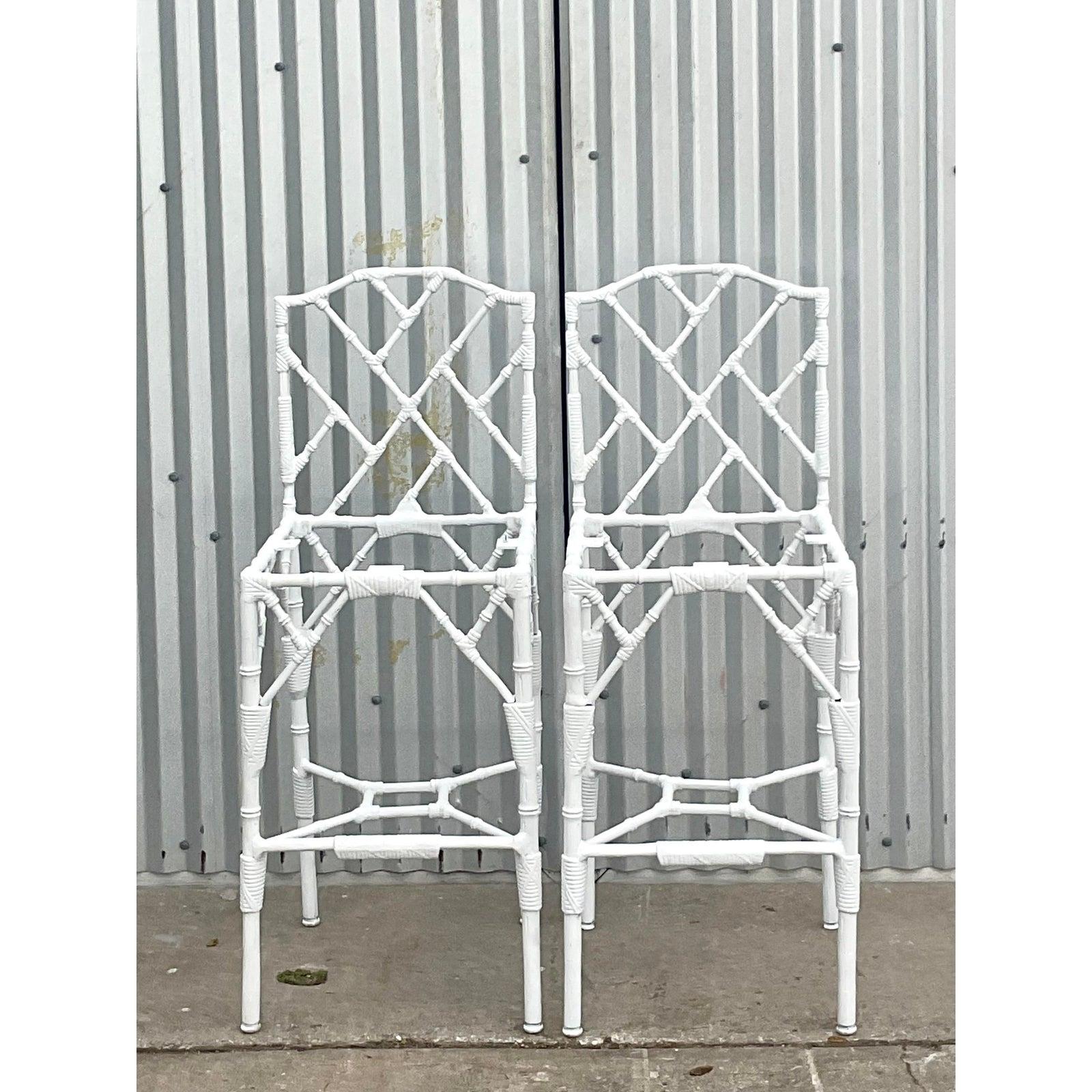 Fantastic pair of vintage Coastal Veneman wrought iron barstools. Beautiful Chinese Chippendale in a bamboo design. Matte white finish. Acquired from a Palm Beach estate.
