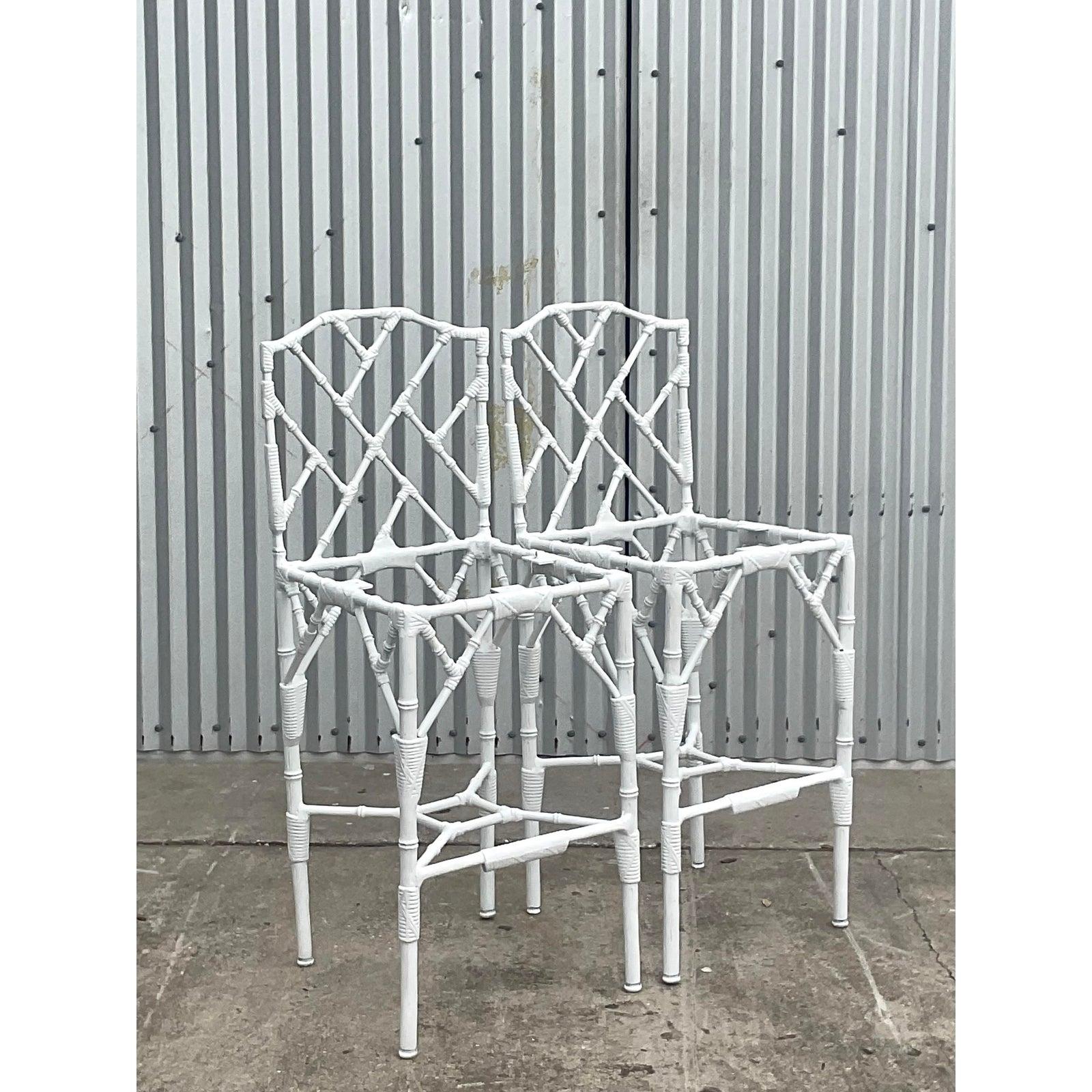 Vintage Coastal Veneman Chinese Chippendale Wrought Iron Bamboo Barstools a pair In Good Condition In West Palm Beach, FL