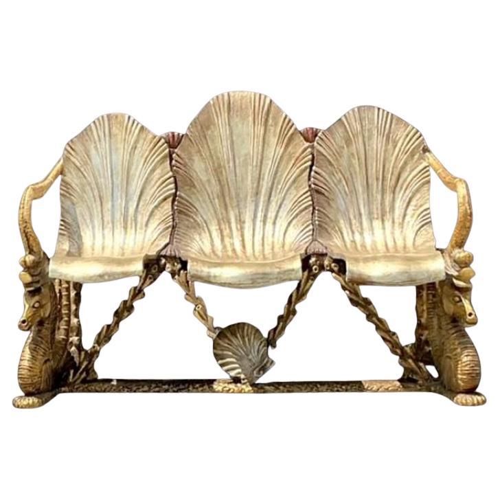 Vintage Coastal Venetian Gilt Carved Grotto and Seahorse Bench