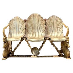 Vintage Coastal Venetian Gilt Carved Grotto and Seahorse Bench