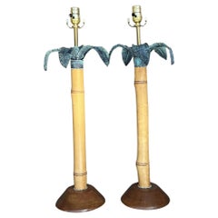 Vintage Coastal Verdigris Palm Lamps - a Pair