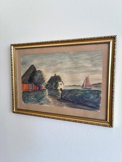 Dibujo vintage de un pueblo costero, obra de arte firmada de una casita escandinava junto al mar