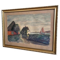Dibujo vintage de un pueblo costero, obra de arte firmada de una casita escandinava junto al mar