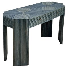 Vintage Coastal Washed Cerulean Rattan Console Table