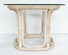 Vintage Coastal Washed Pencil Reed Glass Top End Tables, Pair