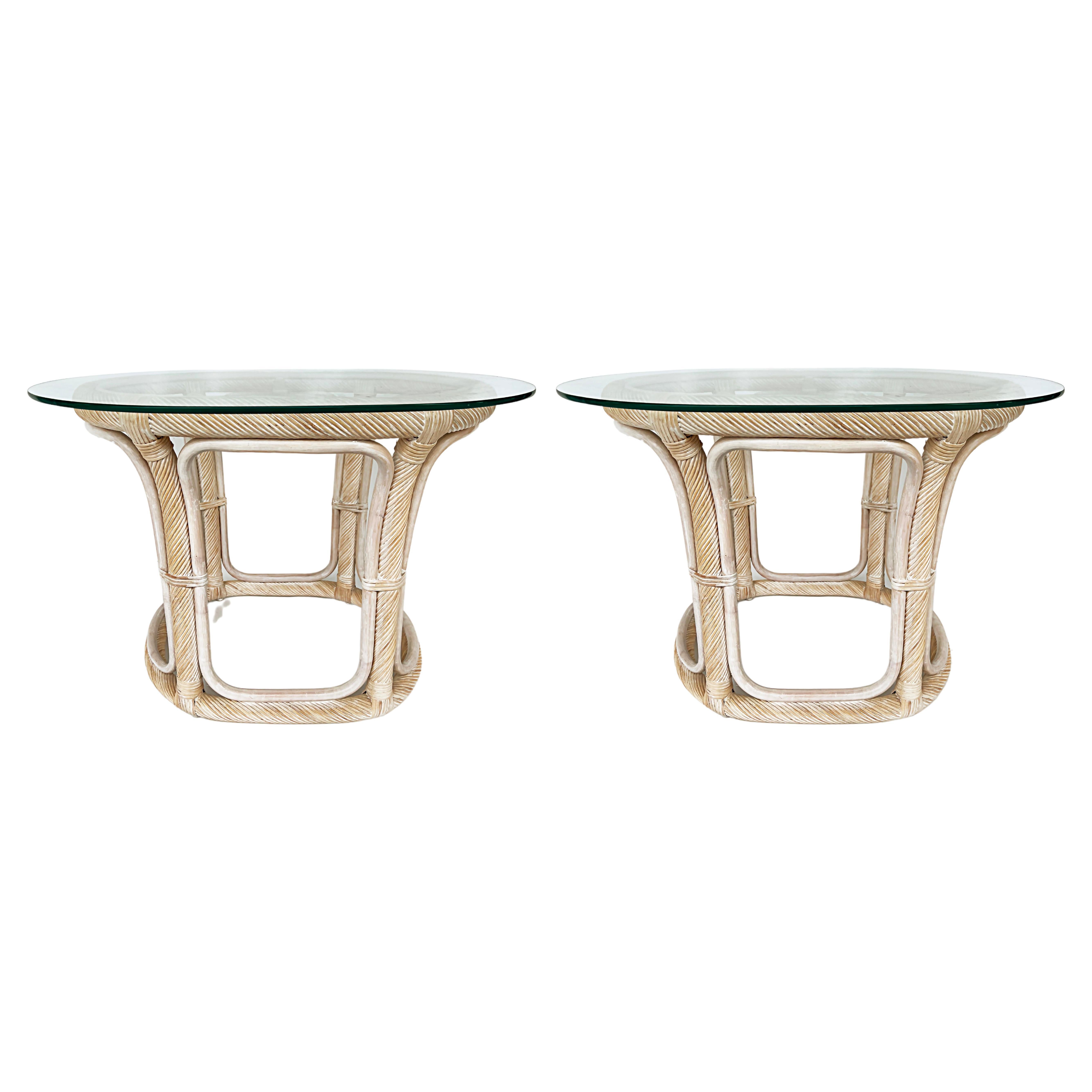 Vintage Coastal Washed Pencil Reed Glass Top End Tables, Pair For Sale