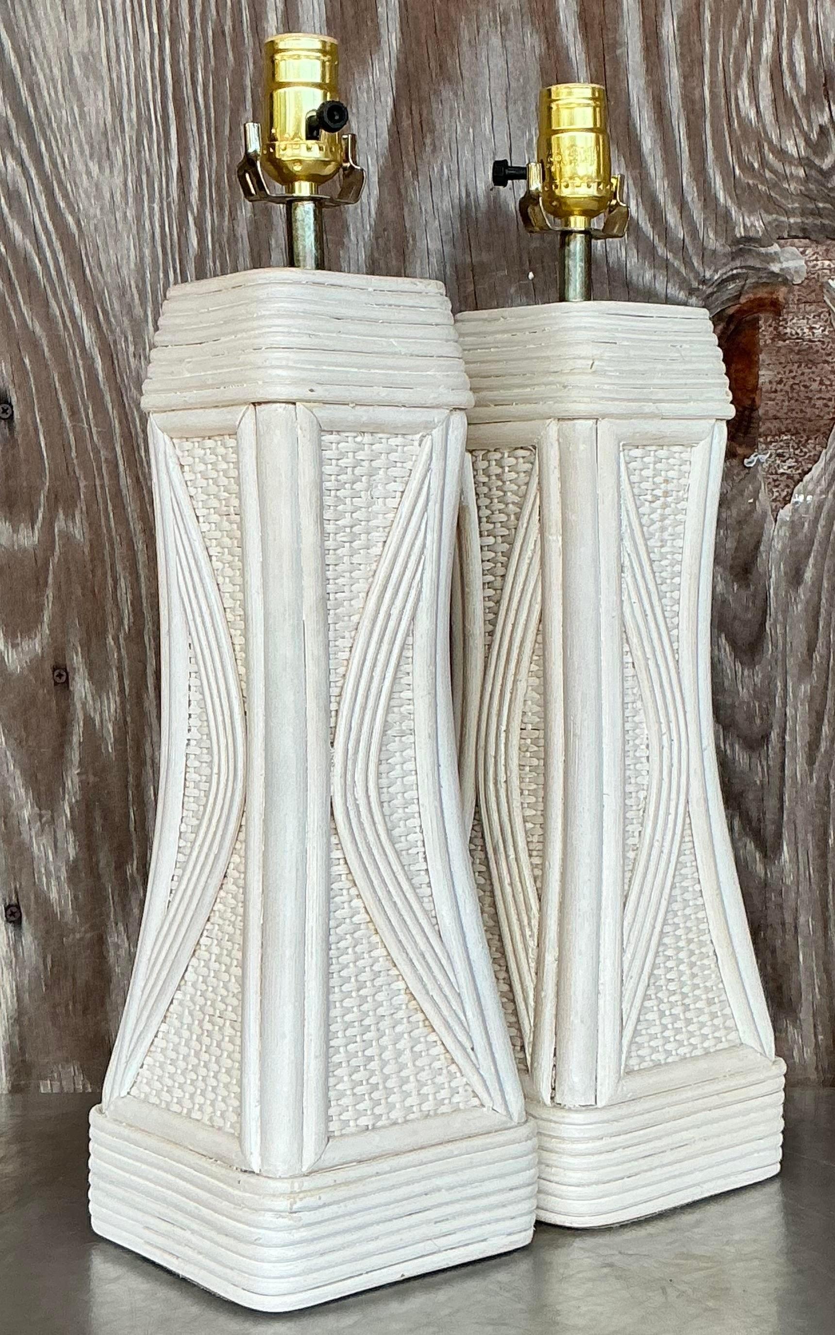 Philippine Vintage Coastal Washed Pencil Reed Lamps - a Pair For Sale