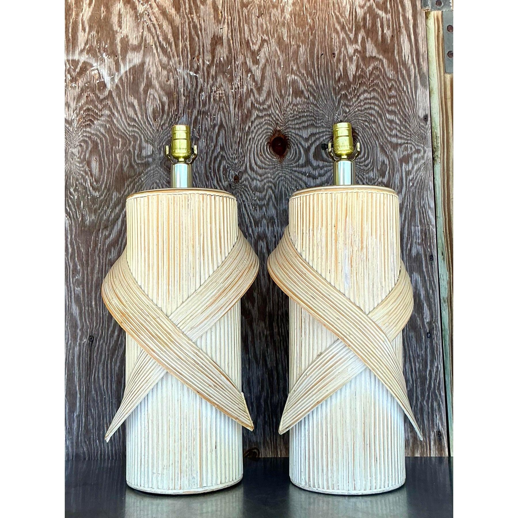 American Vintage Coastal Washed Pencil Reed Lamps - a Pair For Sale
