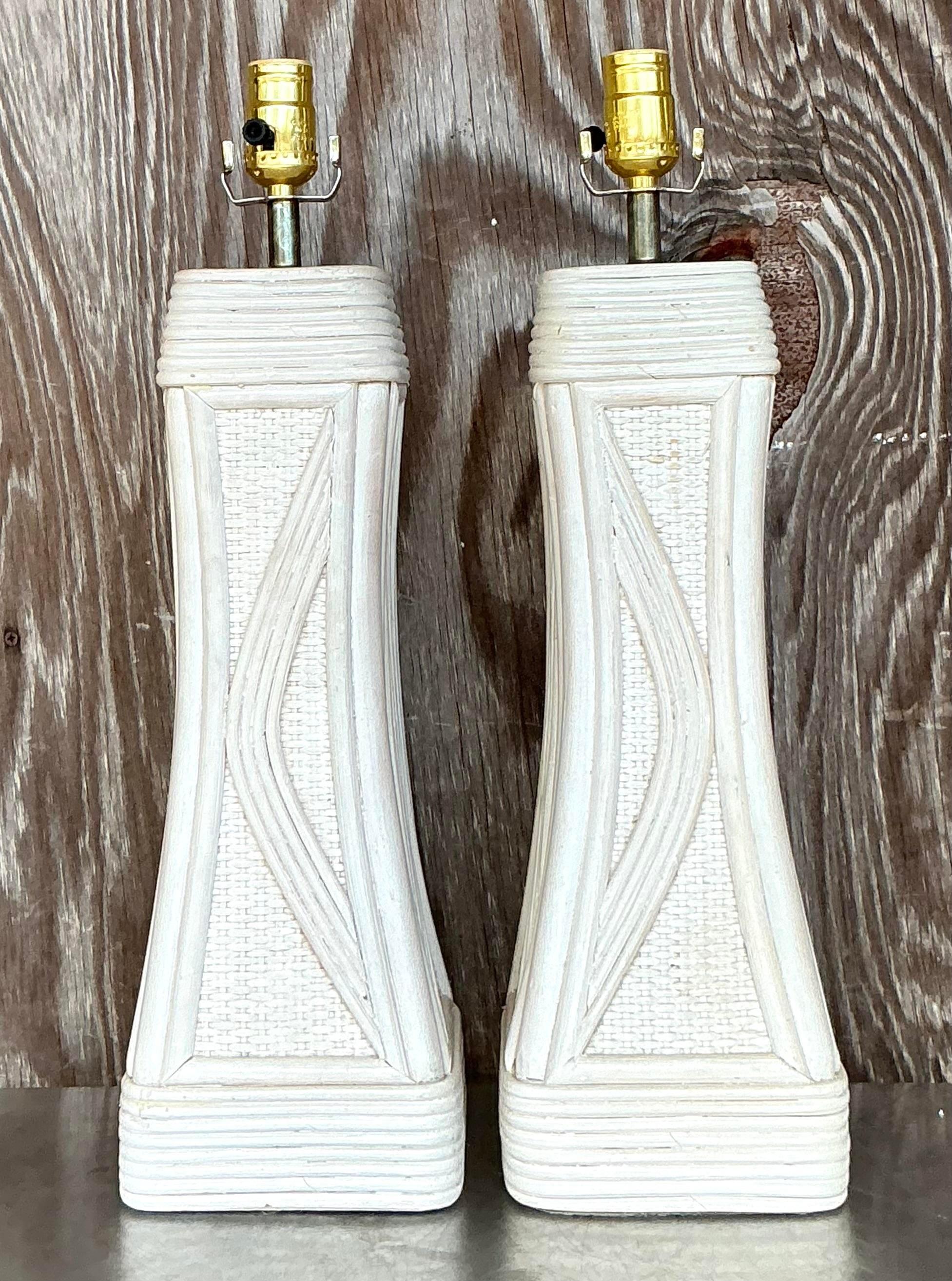 Vintage Coastal Washed Pencil Reed Lamps - a Pair In Good Condition For Sale In west palm beach, FL