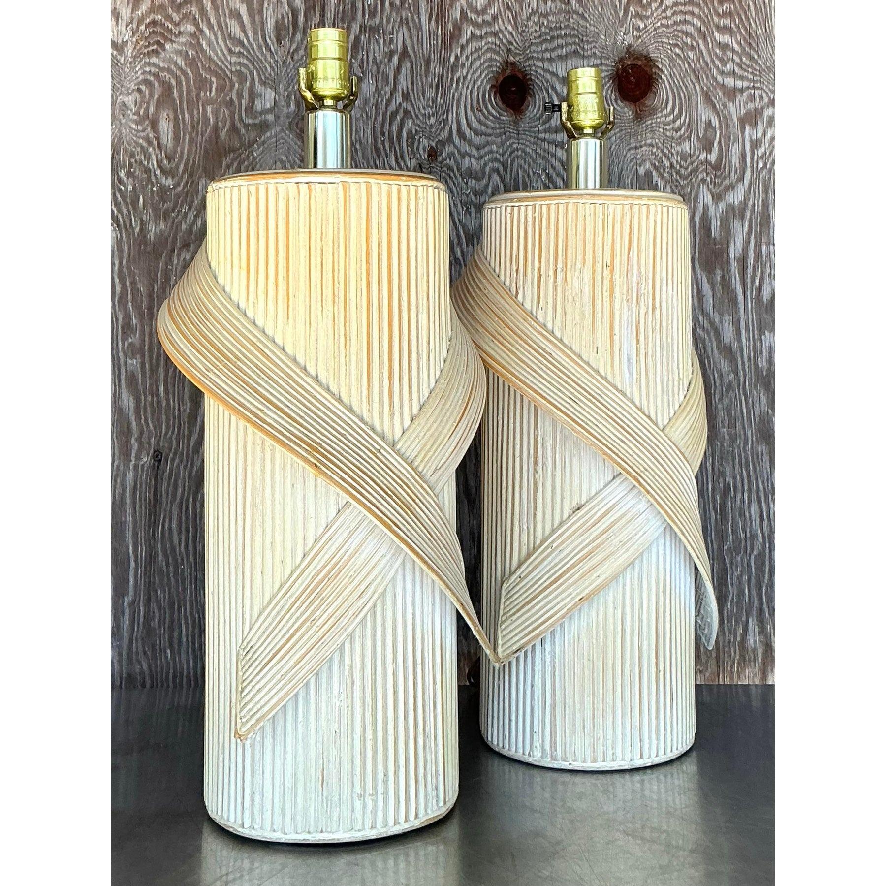 Vintage Coastal Washed Pencil Reed Lamps - a Pair In Good Condition For Sale In west palm beach, FL
