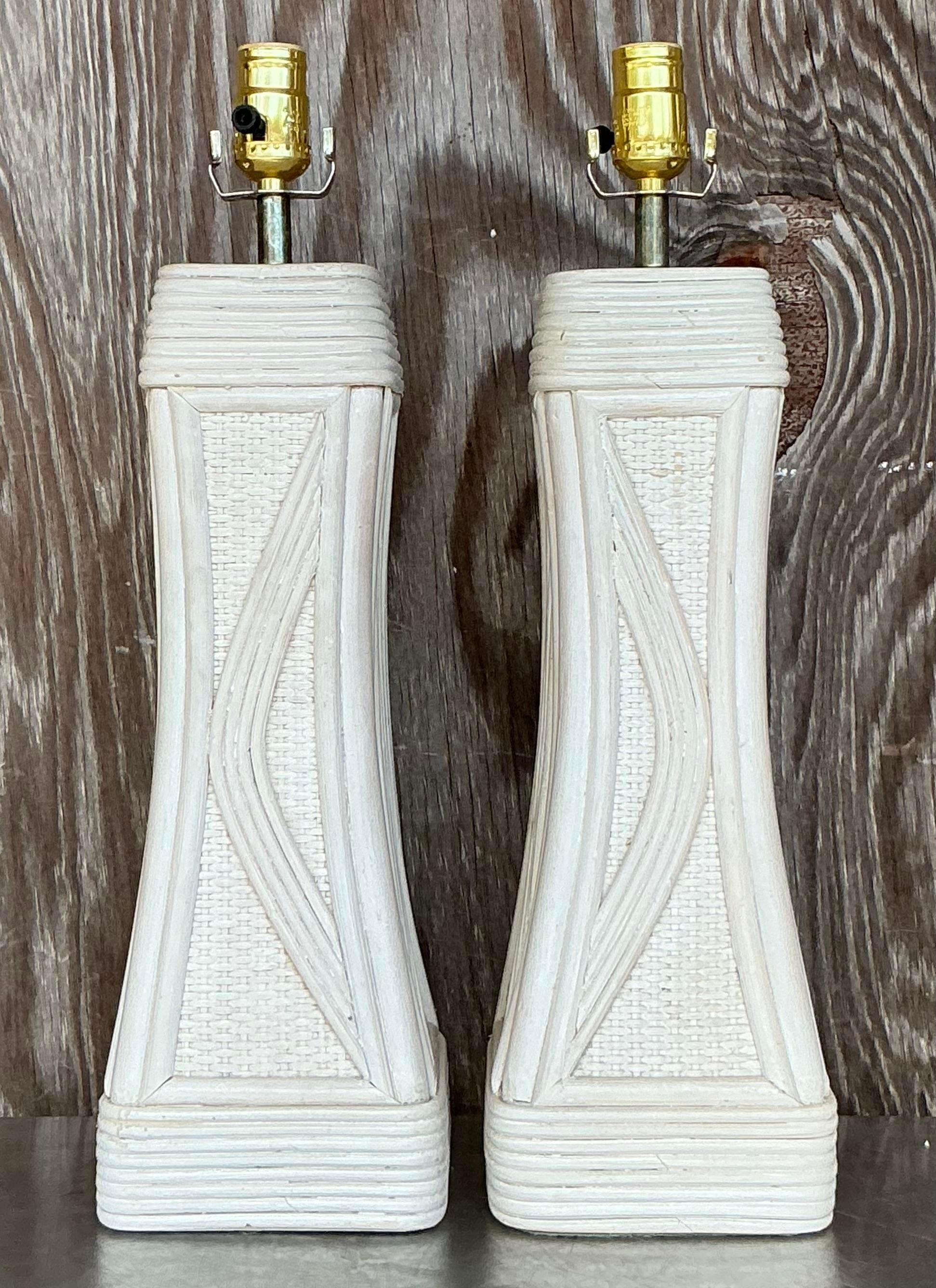 20th Century Vintage Coastal Washed Pencil Reed Lamps - a Pair For Sale