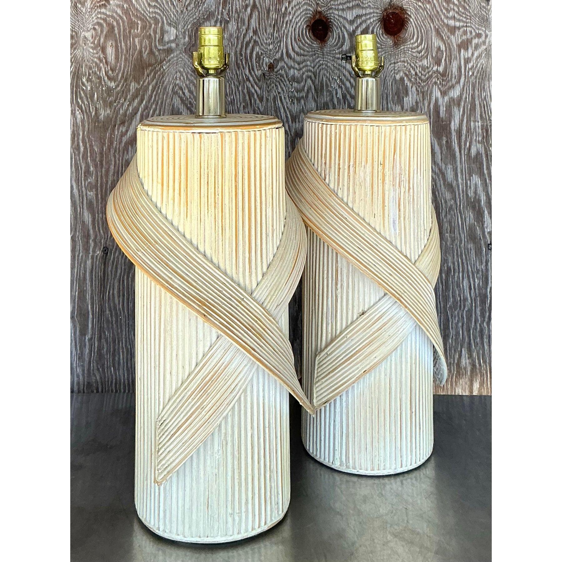20th Century Vintage Coastal Washed Pencil Reed Lamps - a Pair For Sale