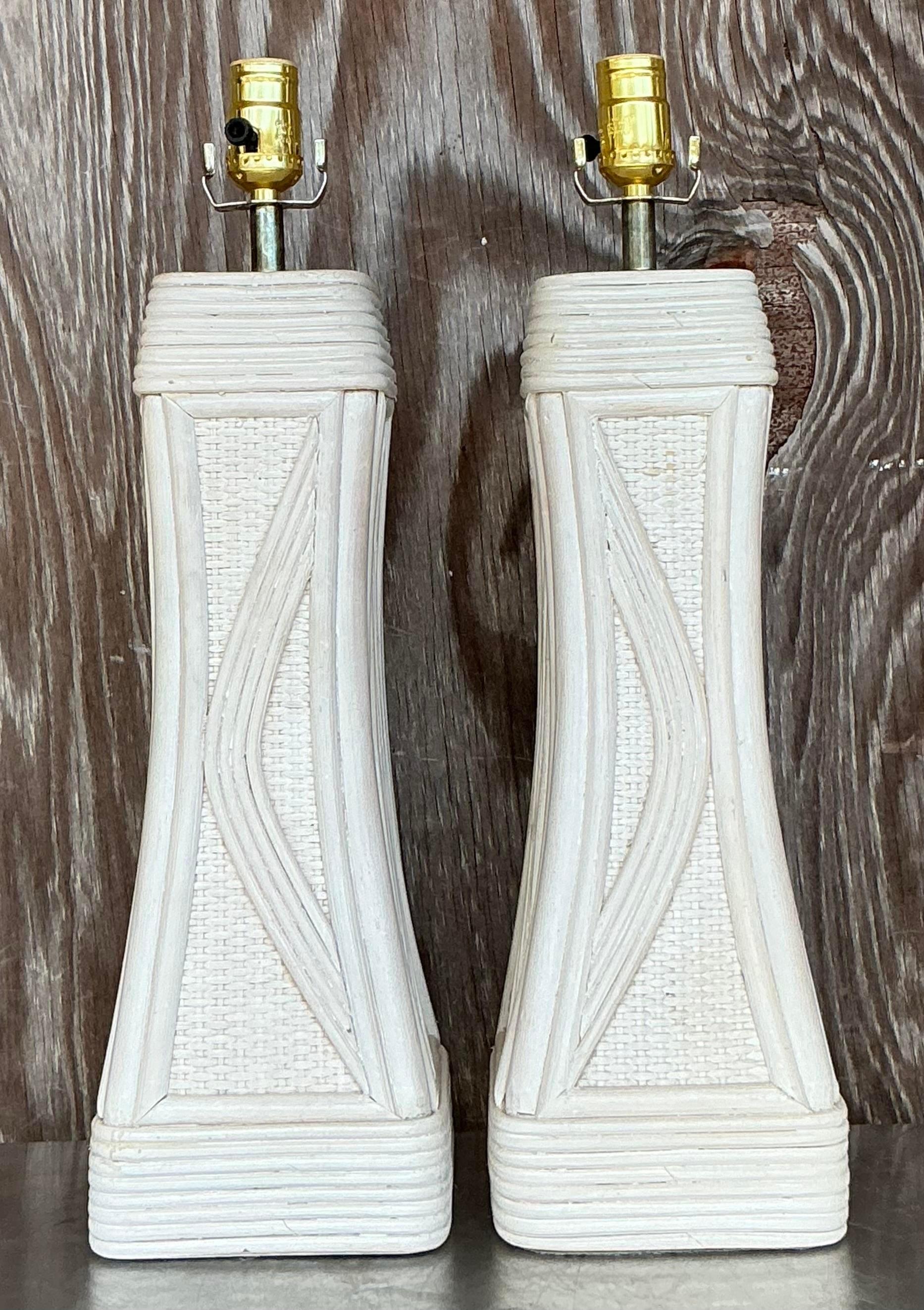 Vintage Coastal Washed Pencil Reed Lamps - a Pair For Sale 1