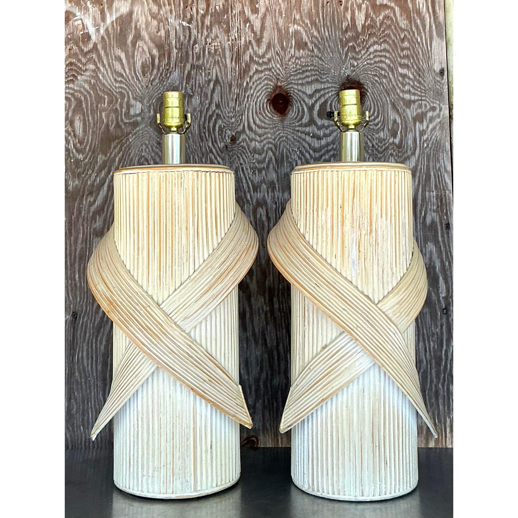 Brass Vintage Coastal Washed Pencil Reed Lamps - a Pair For Sale