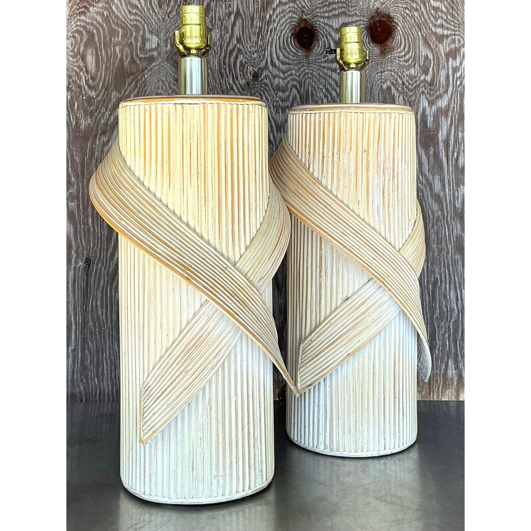 Vintage Coastal Washed Pencil Reed Lamps - a Pair For Sale 1