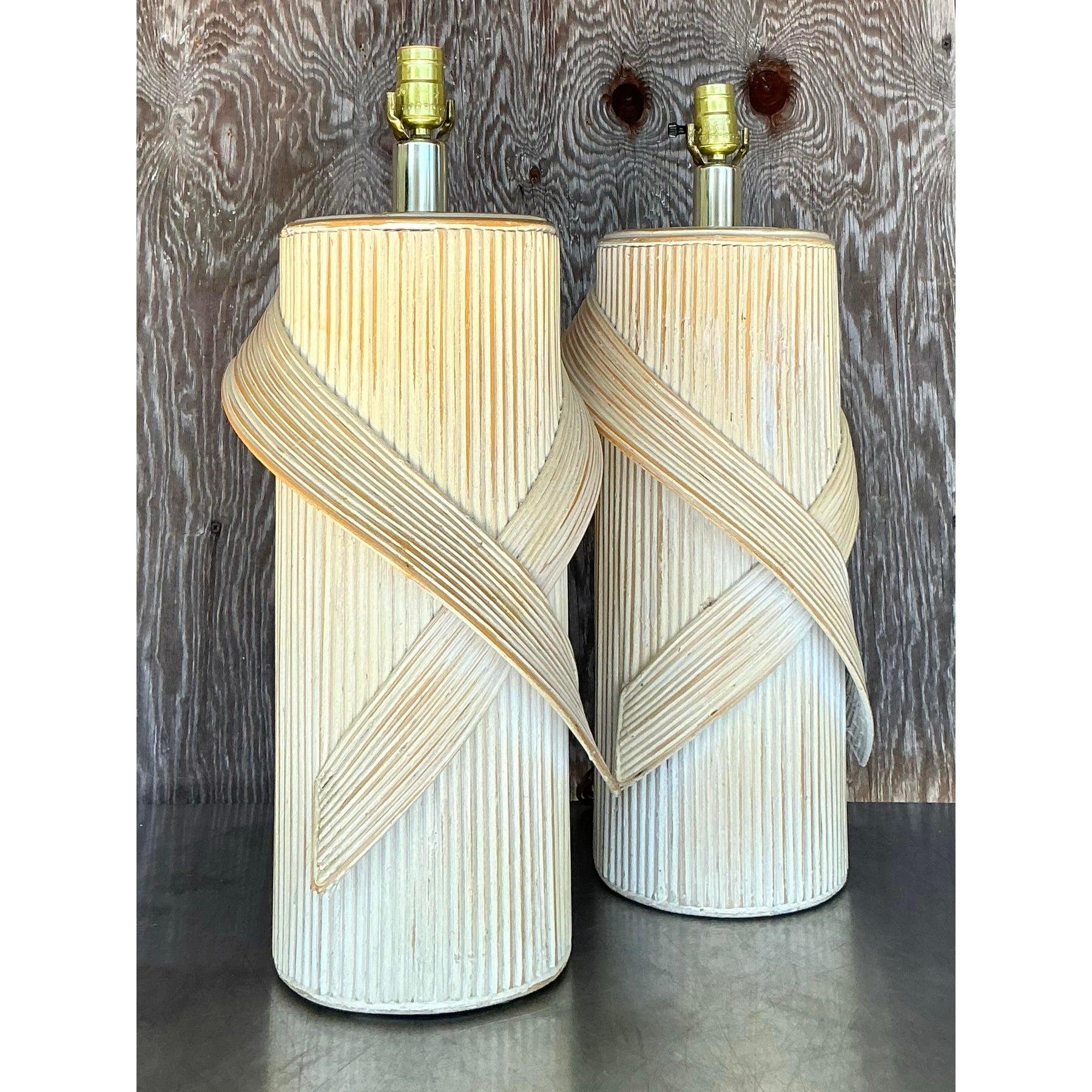 Vintage Coastal Washed Pencil Reed Lamps - a Pair For Sale 2
