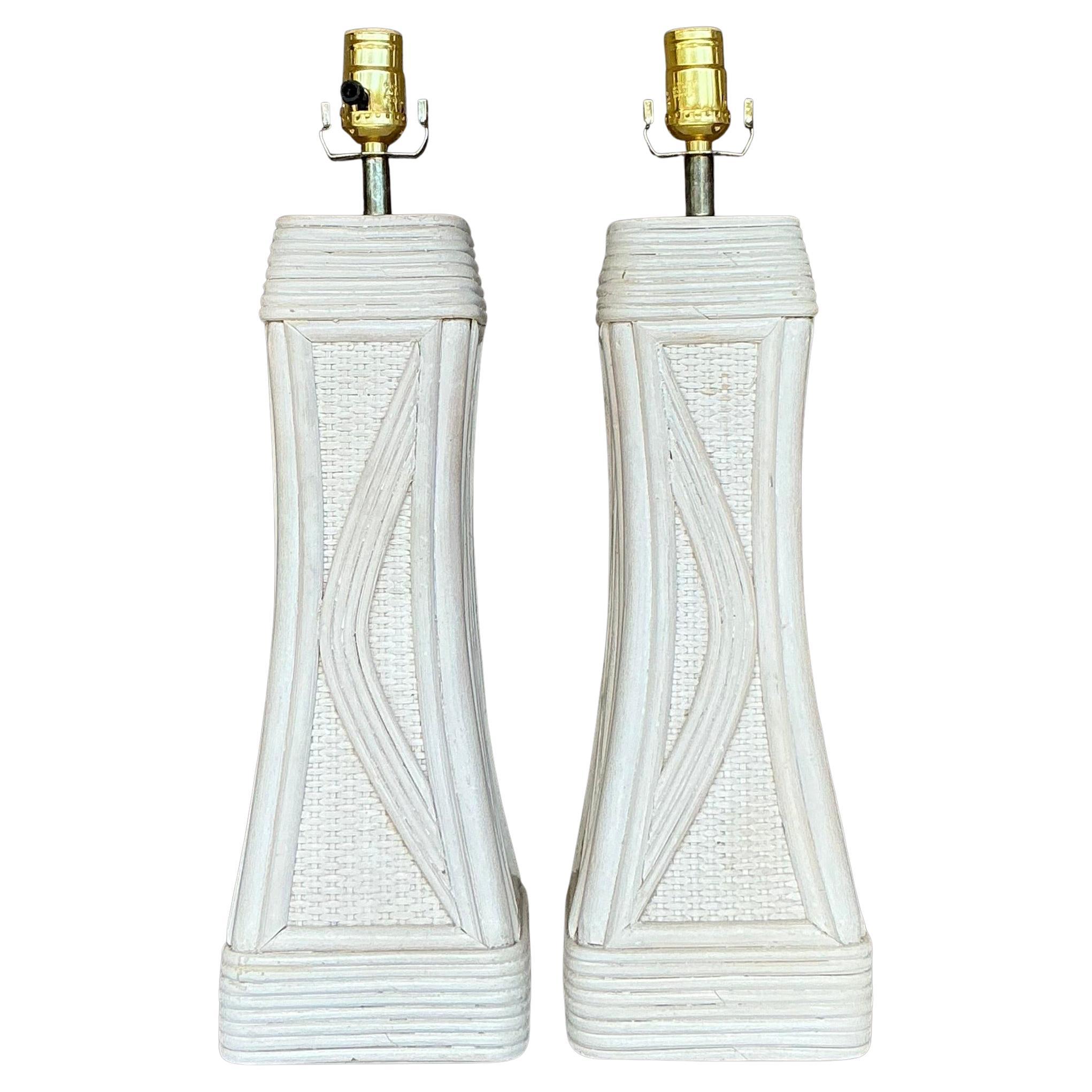 Vintage Coastal Washed Pencil Reed Lamps - a Pair