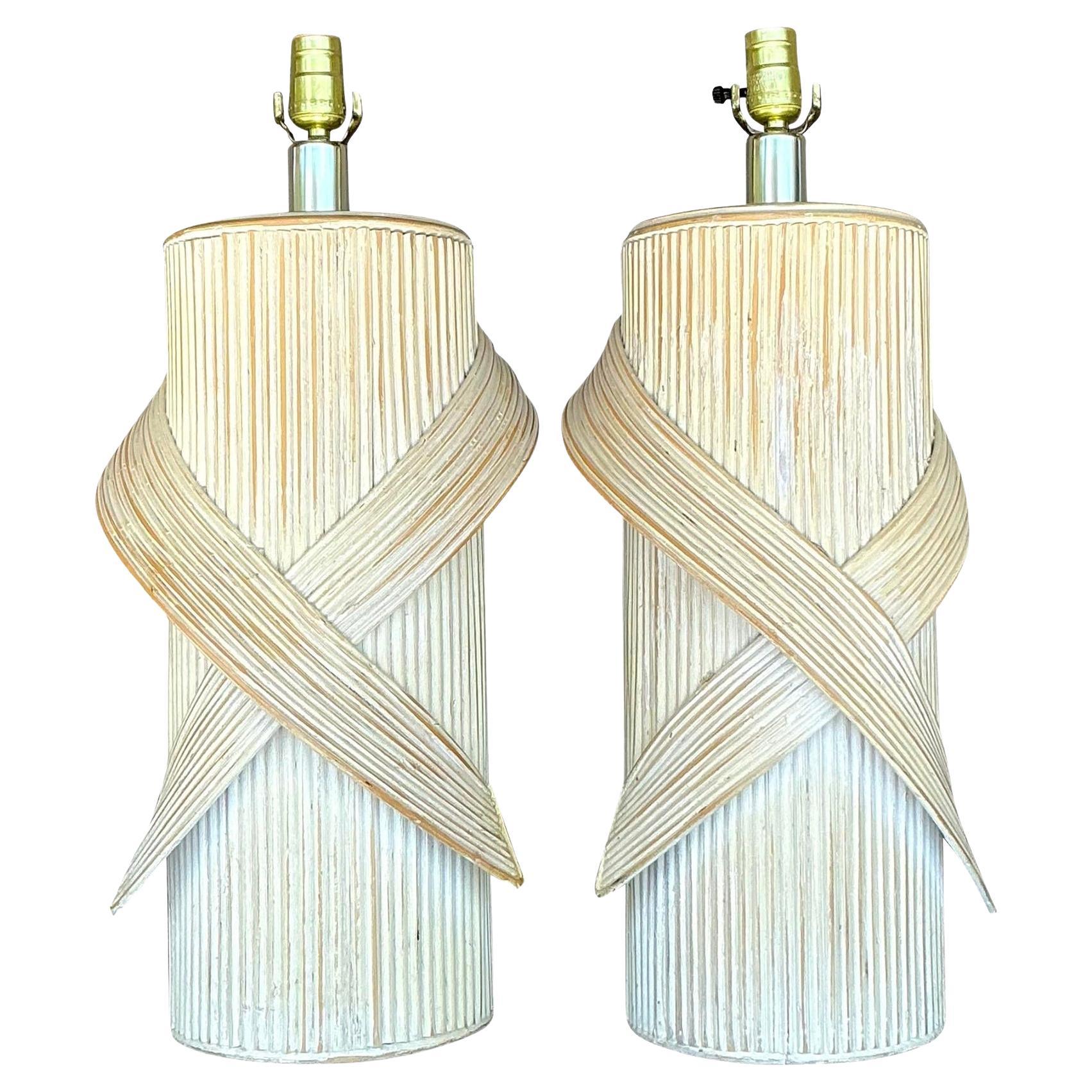 Vintage Coastal Washed Pencil Reed Lamps - a Pair