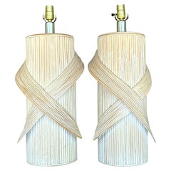 Vintage Coastal Washed Pencil Reed Lamps - a Pair
