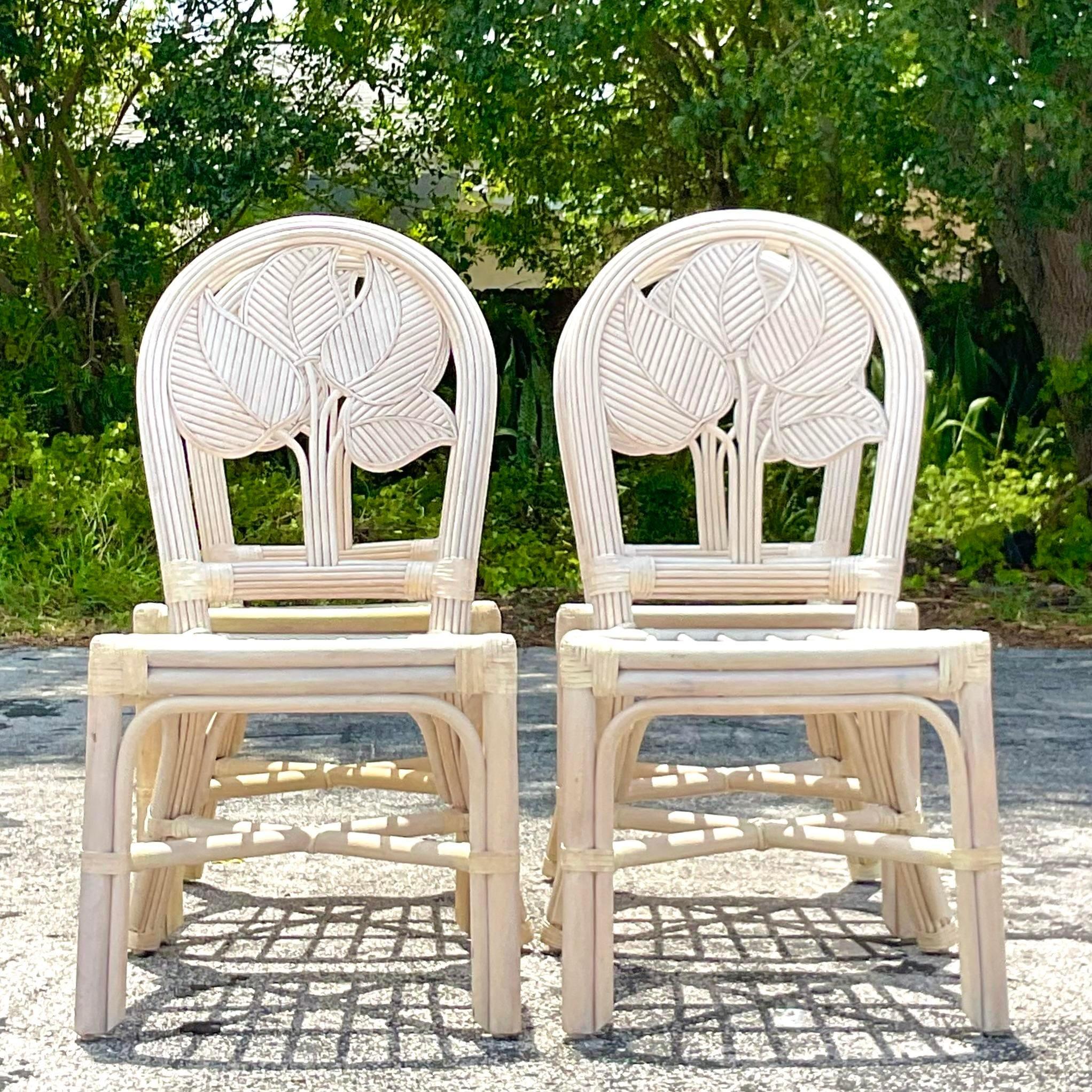 Vintage Coastal Washed Pencil Reed Leaf Dining Chairs - Set of 4 For Sale 5