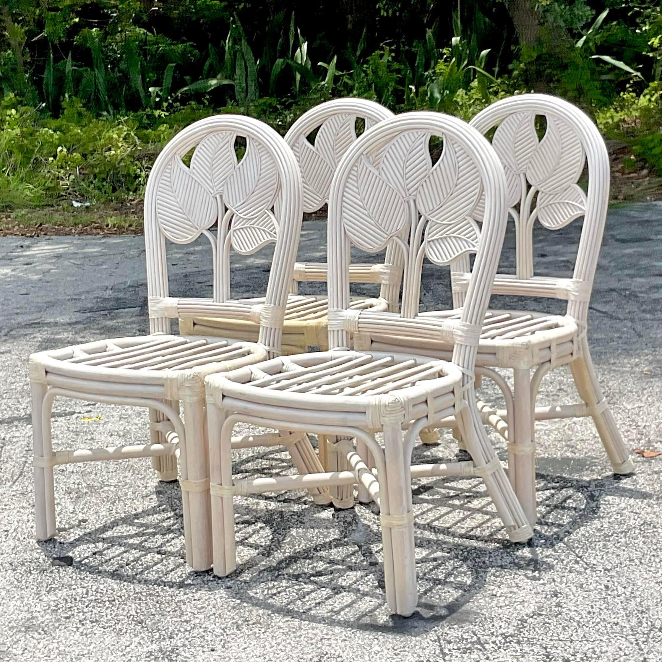 Philippine Vintage Coastal Washed Pencil Reed Leaf Dining Chairs - Set of 4 For Sale