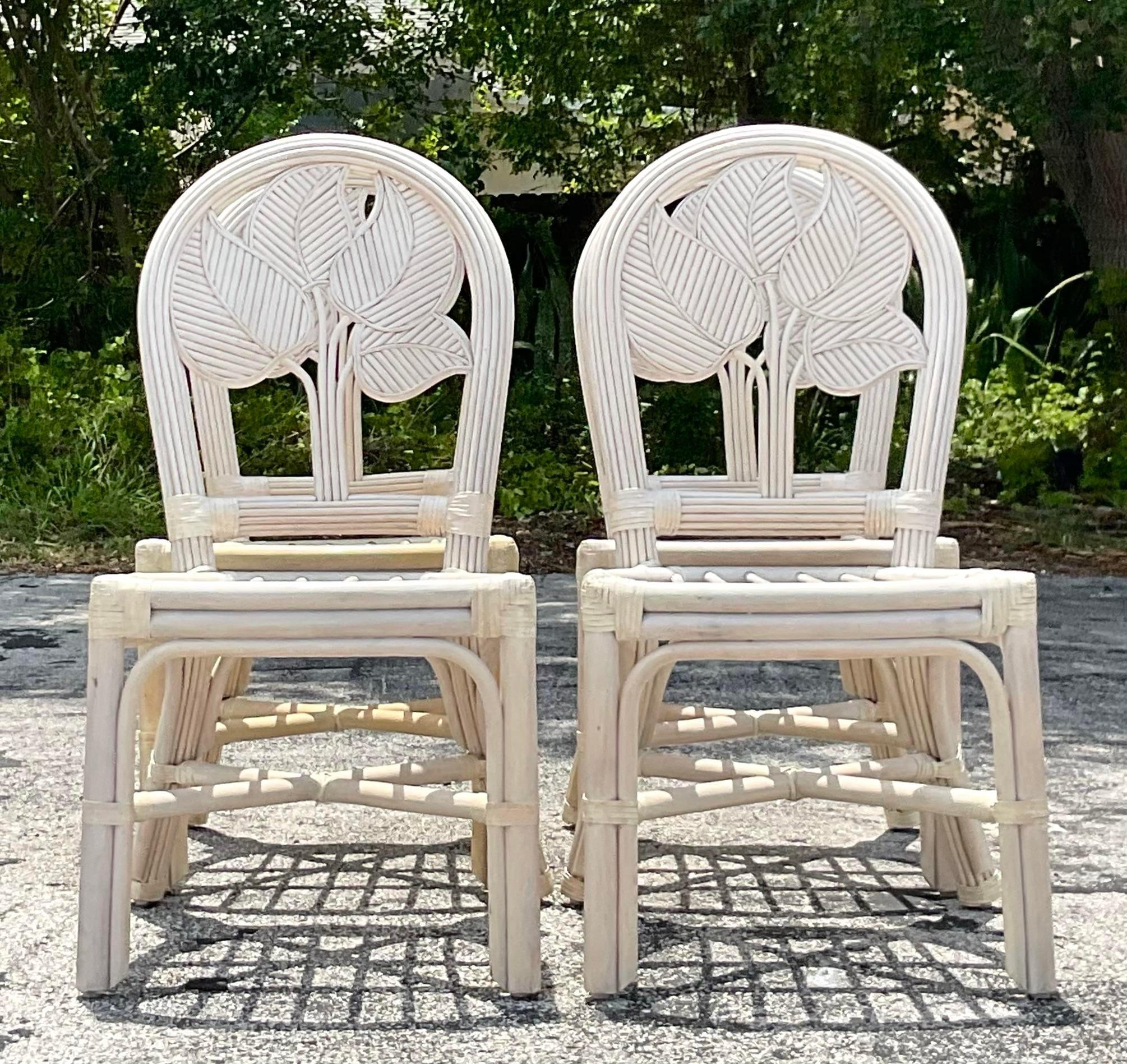 Vintage Coastal Washed Pencil Reed Leaf Dining Chairs - Set of 4 In Good Condition For Sale In west palm beach, FL