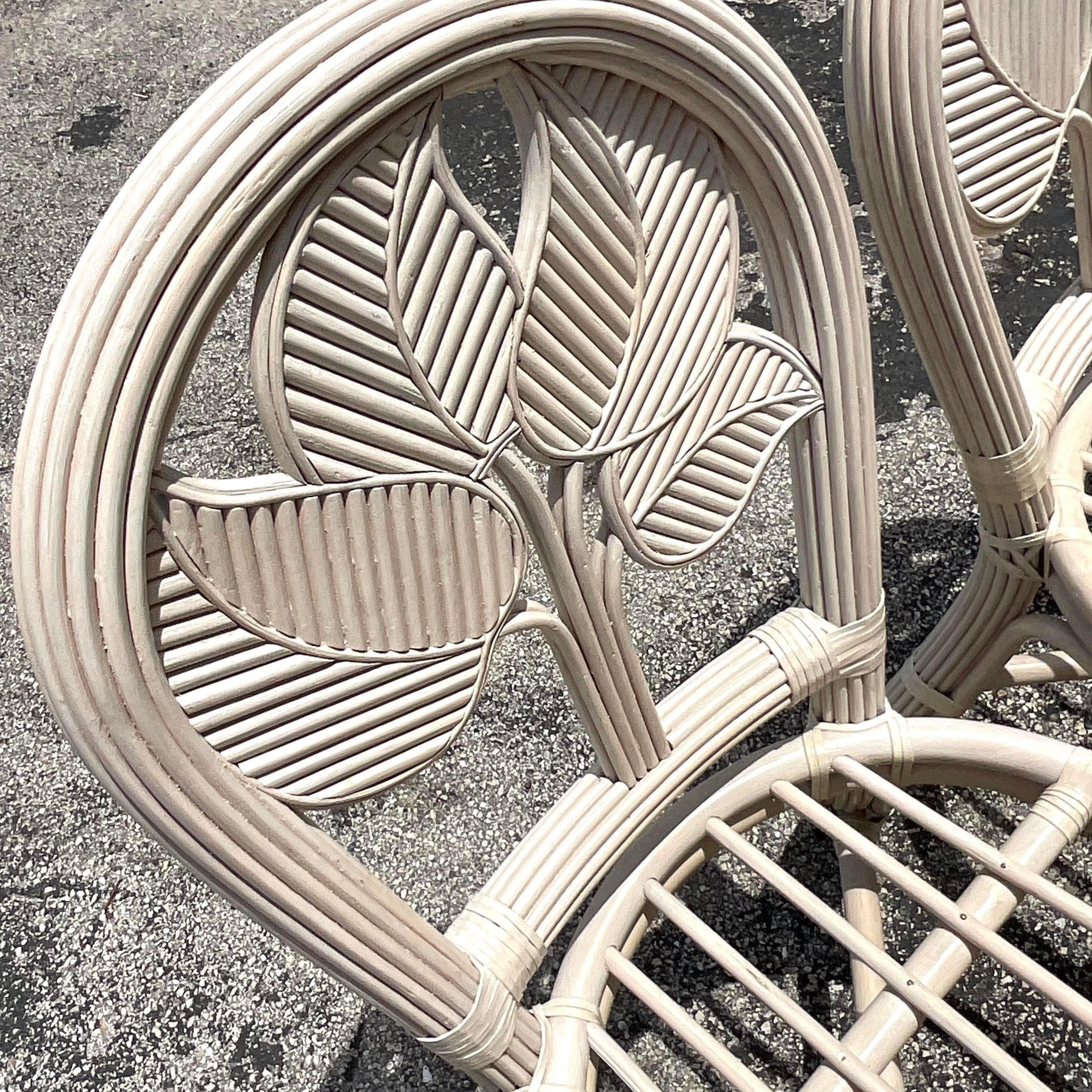 20th Century Vintage Coastal Washed Pencil Reed Leaf Dining Chairs - Set of 4 For Sale