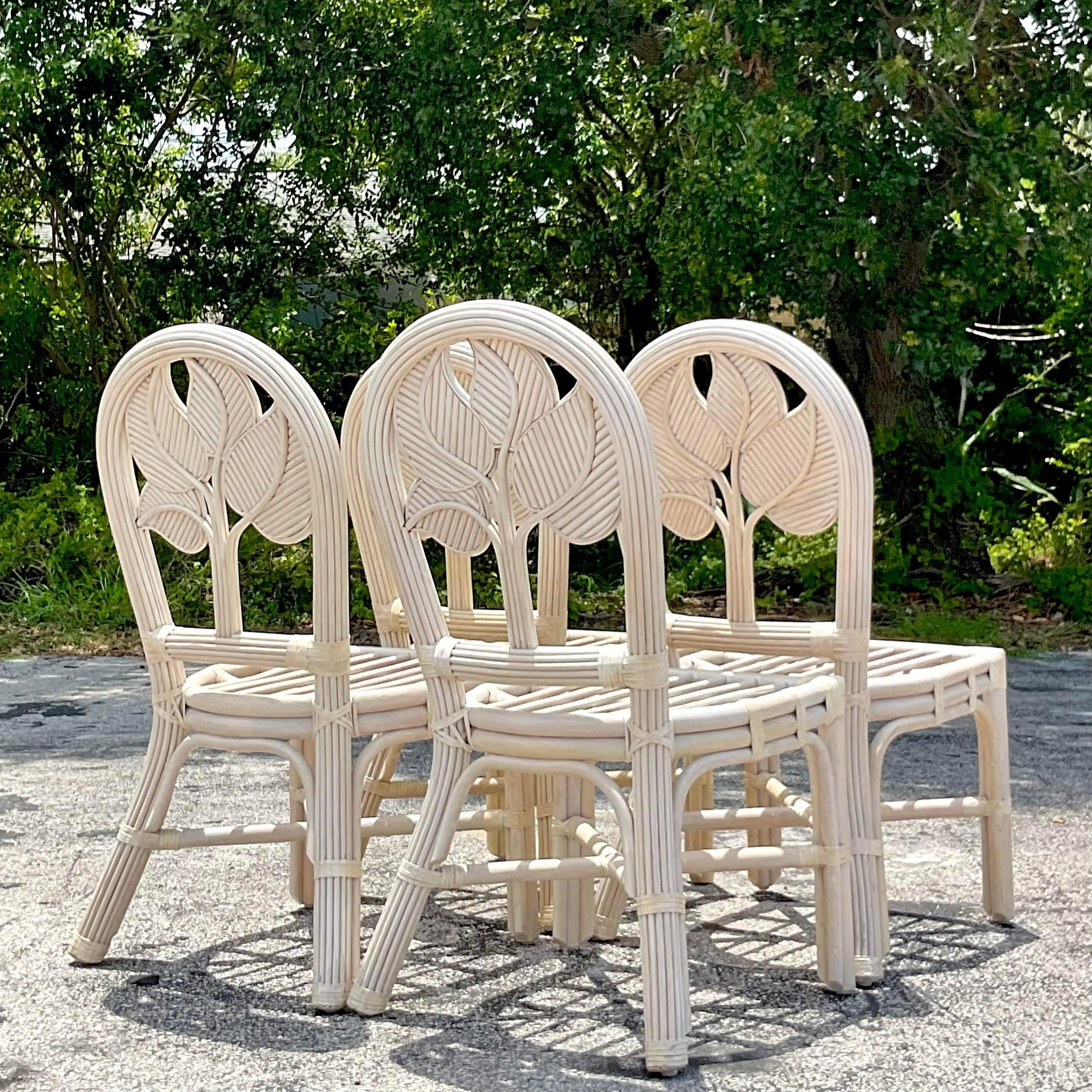 Vintage Coastal Washed Pencil Reed Leaf Dining Chairs - Set of 4 For Sale 1