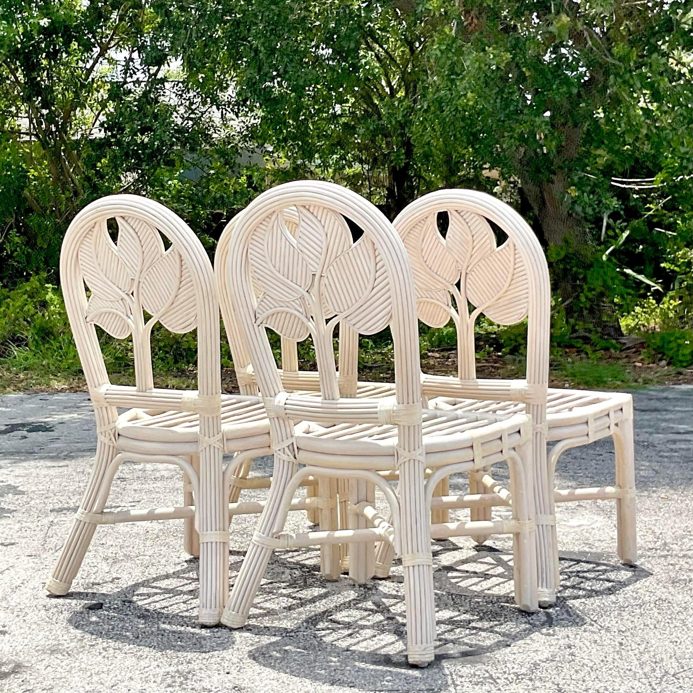 Vintage Coastal Washed Pencil Reed Leaf Dining Chairs - Set of 4 For Sale 2