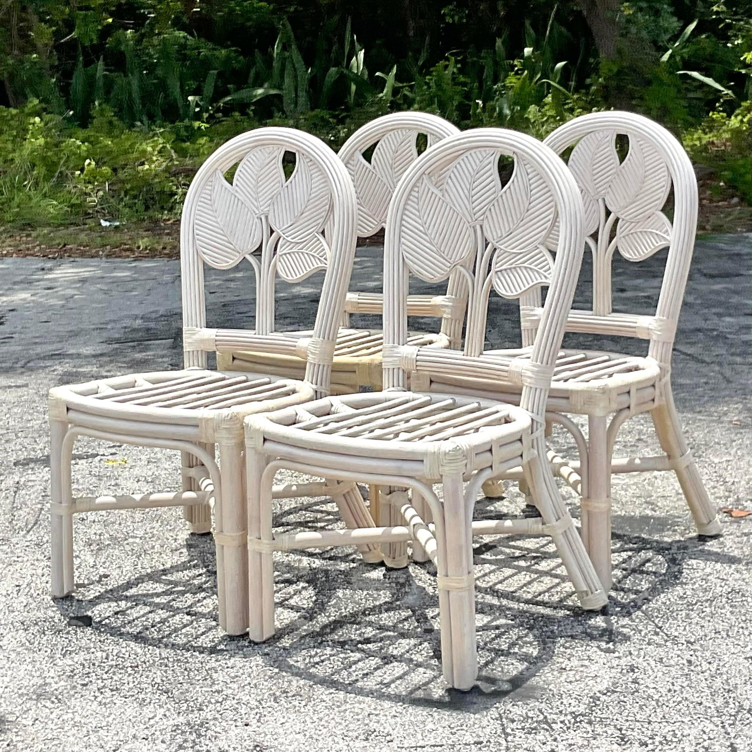 Vintage Coastal Washed Pencil Reed Leaf Dining Chairs - Set of 4 For Sale 3