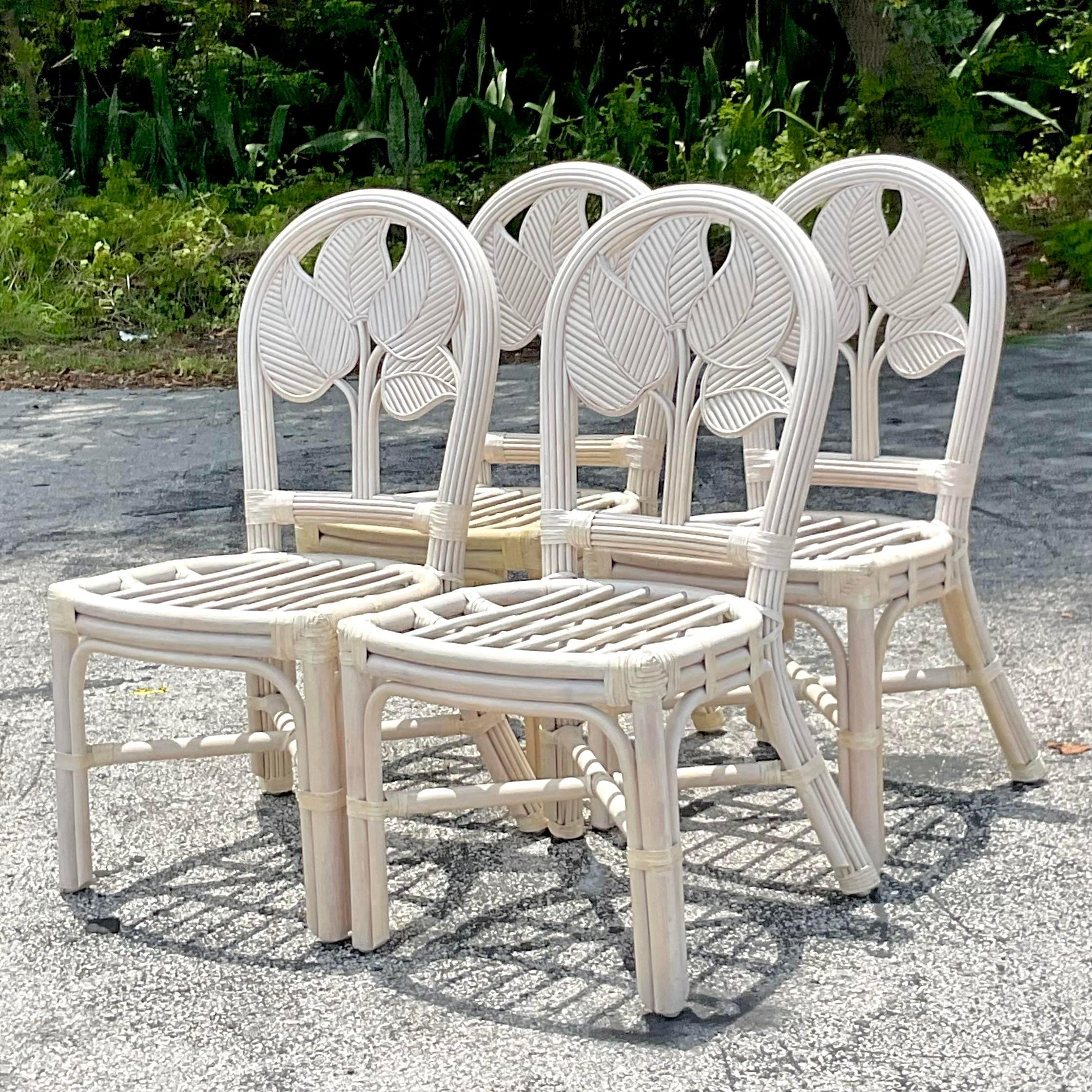Vintage Coastal Washed Pencil Reed Leaf Dining Chairs - Set of 4 For Sale 4
