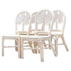 Vintage Coastal Washed Pencil Reed Leaf Dining Chairs - Set of 4