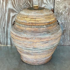 Vintage Coastal Washed Pencil Reed Lidded Basket