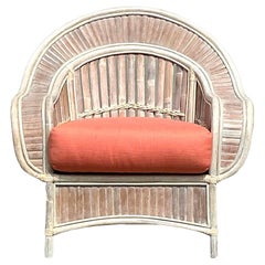 Vintage Coastal Washed Rattan Cobra Back Lounge Chair