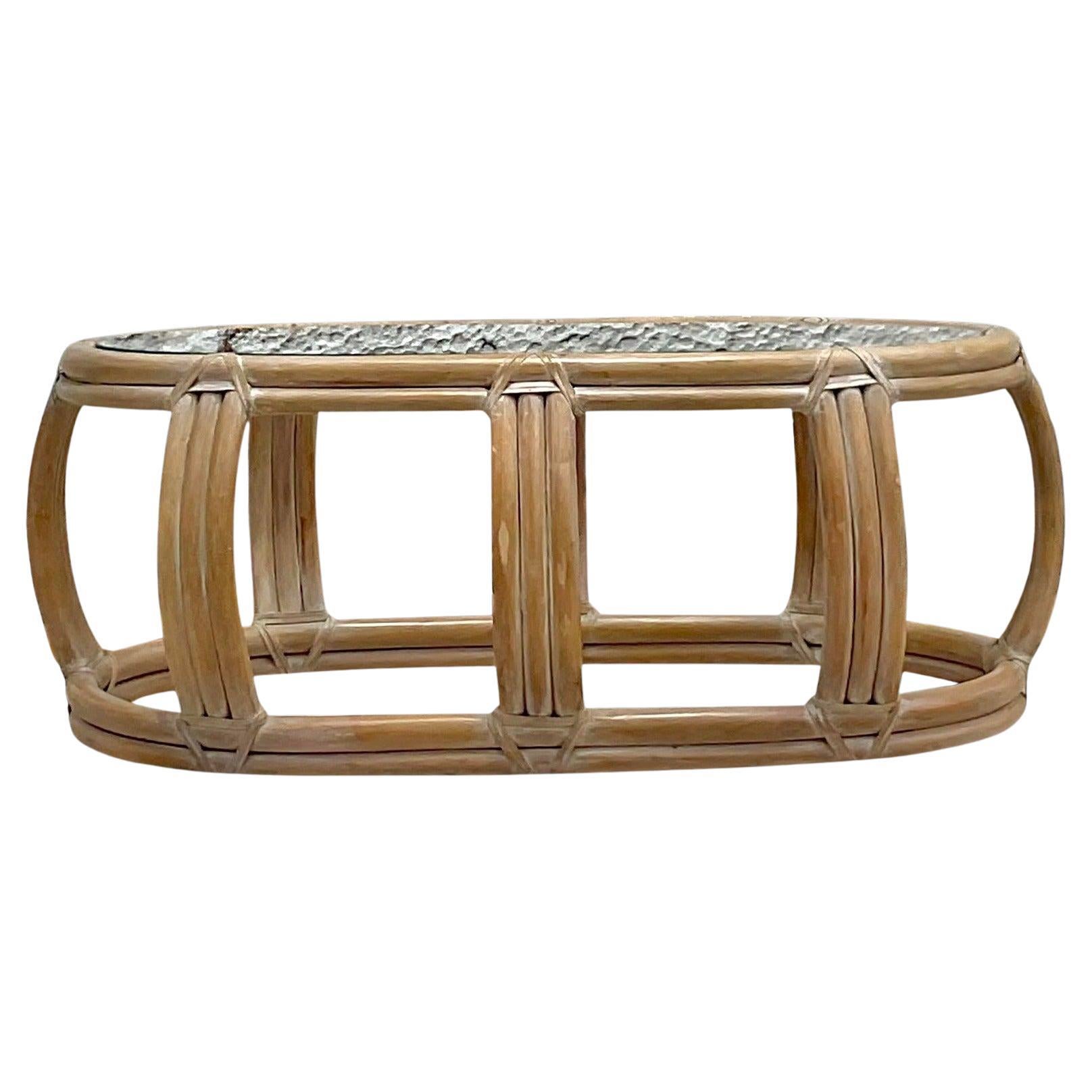Vintage Coastal Washed Rattan Coffee Table