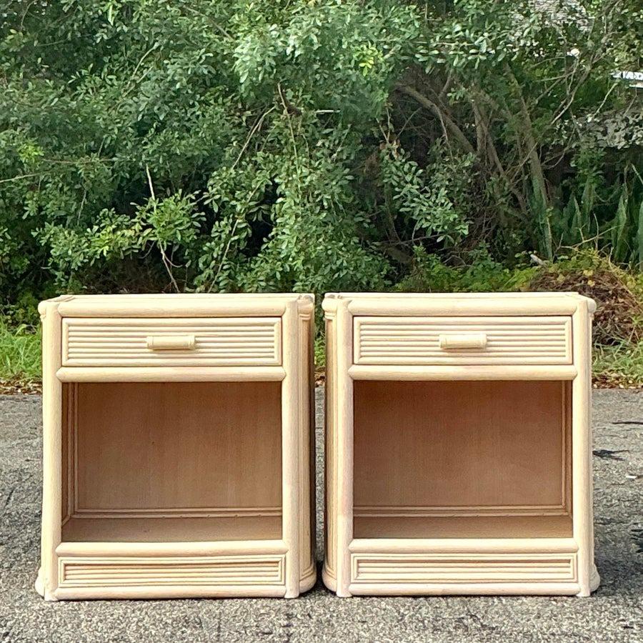 Vintage Coastal Washed Rattan Nightstands - a Pair In Good Condition In west palm beach, FL