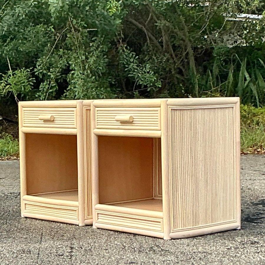 20th Century Vintage Coastal Washed Rattan Nightstands - a Pair