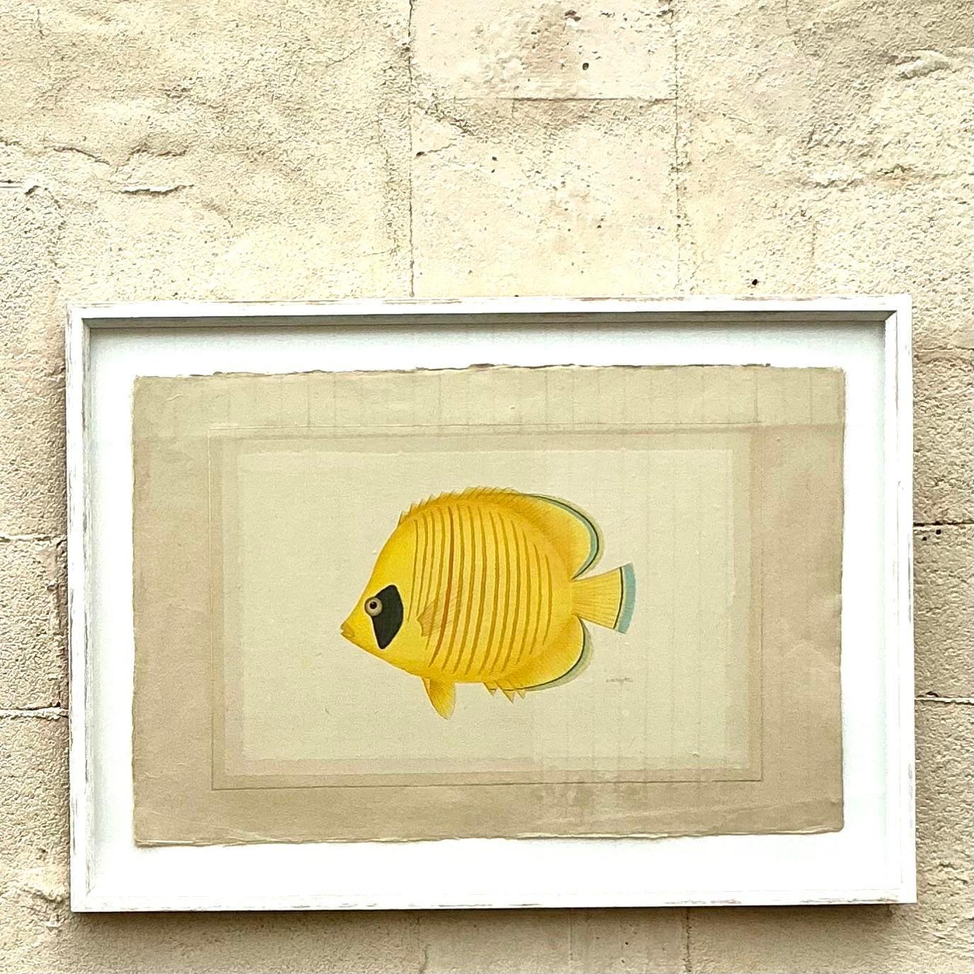 Vintage Coastal Aquarell auf Seide Fisch Gemälde (20. Jahrhundert)
