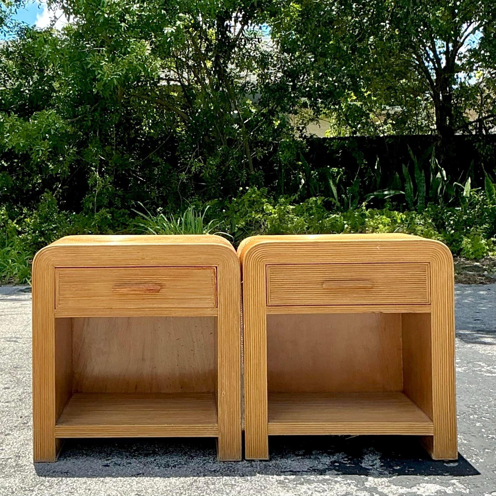 Vintage Coastal Waterfall Pencil Reed Nightstands - a Pair In Good Condition In West Palm Beach, FL