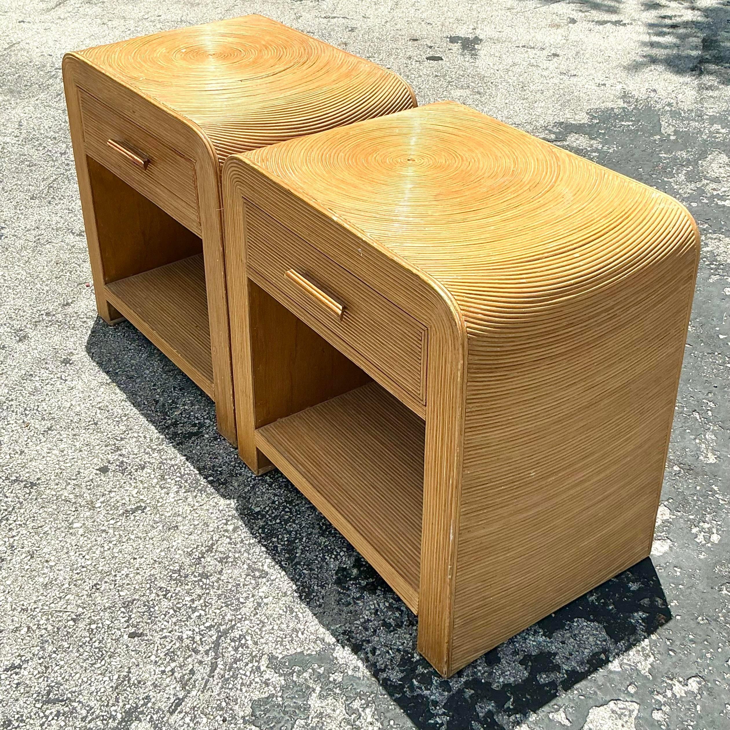 20th Century Vintage Coastal Waterfall Pencil Reed Nightstands - a Pair