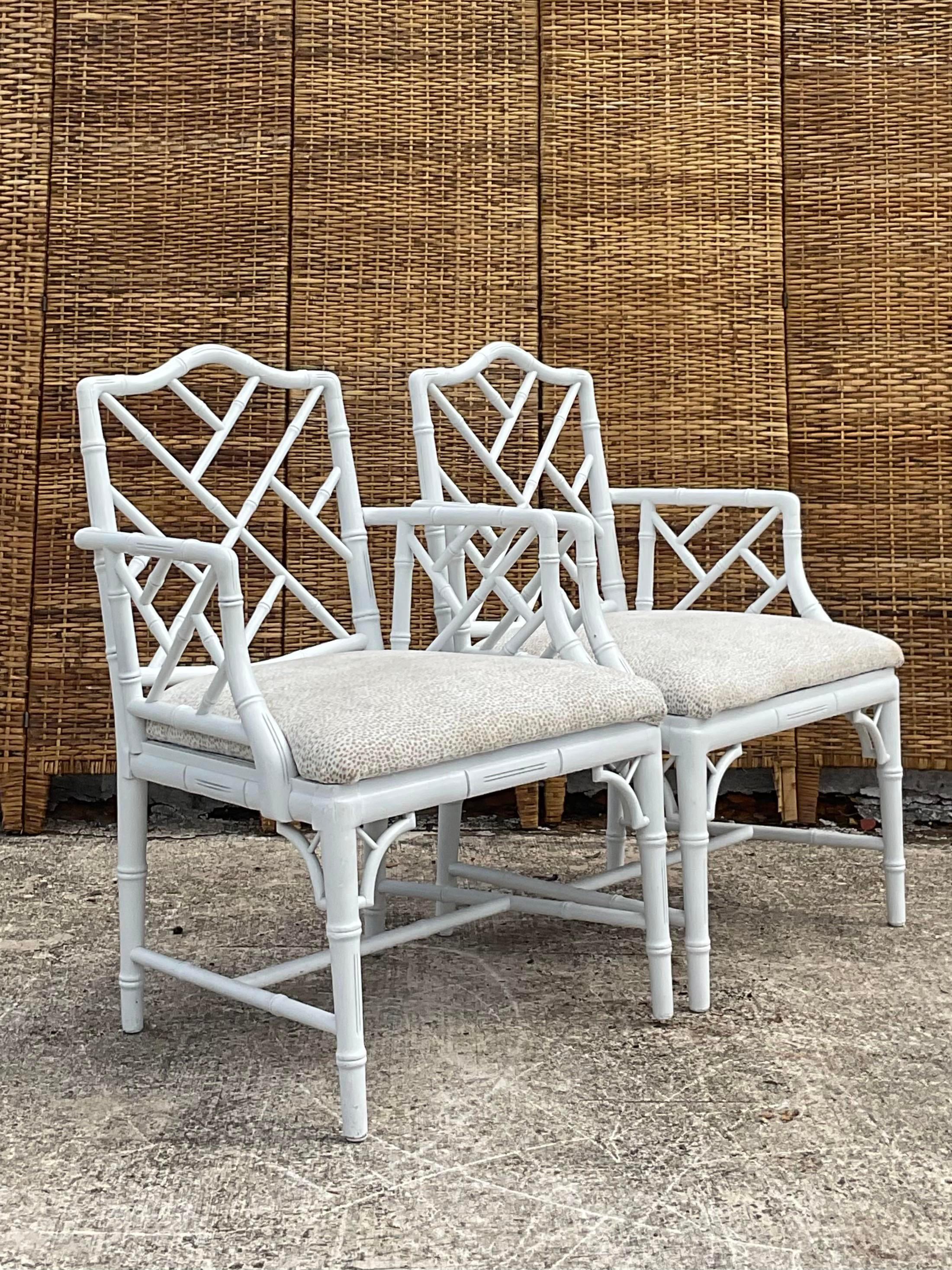 Mid-Century Modern Vintage Coastal White Lacquered Chinese Chippendale Arm Chairs - a Pair For Sale