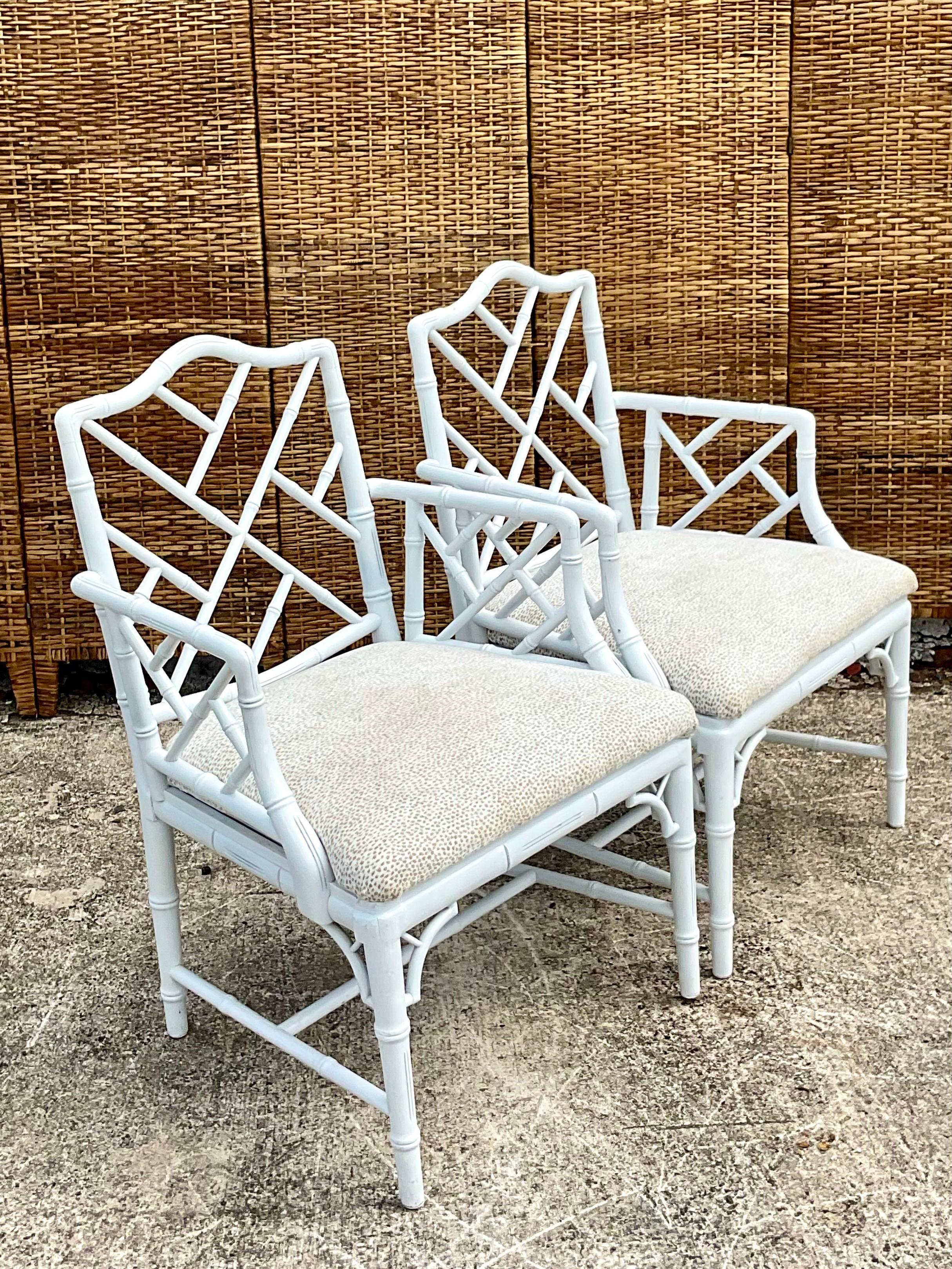 20th Century Vintage Coastal White Lacquered Chinese Chippendale Arm Chairs - a Pair For Sale