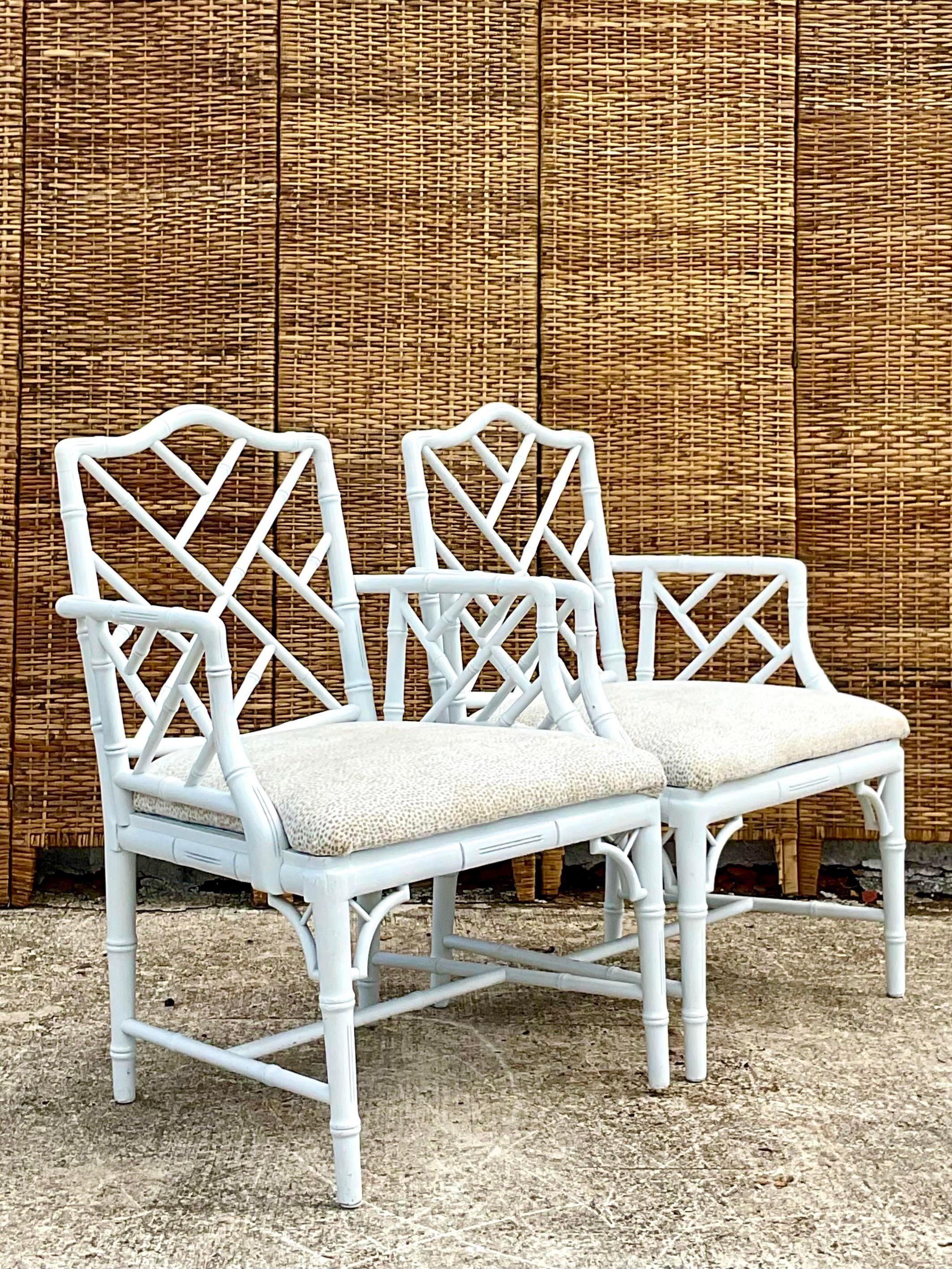 Upholstery Vintage Coastal White Lacquered Chinese Chippendale Arm Chairs - a Pair For Sale