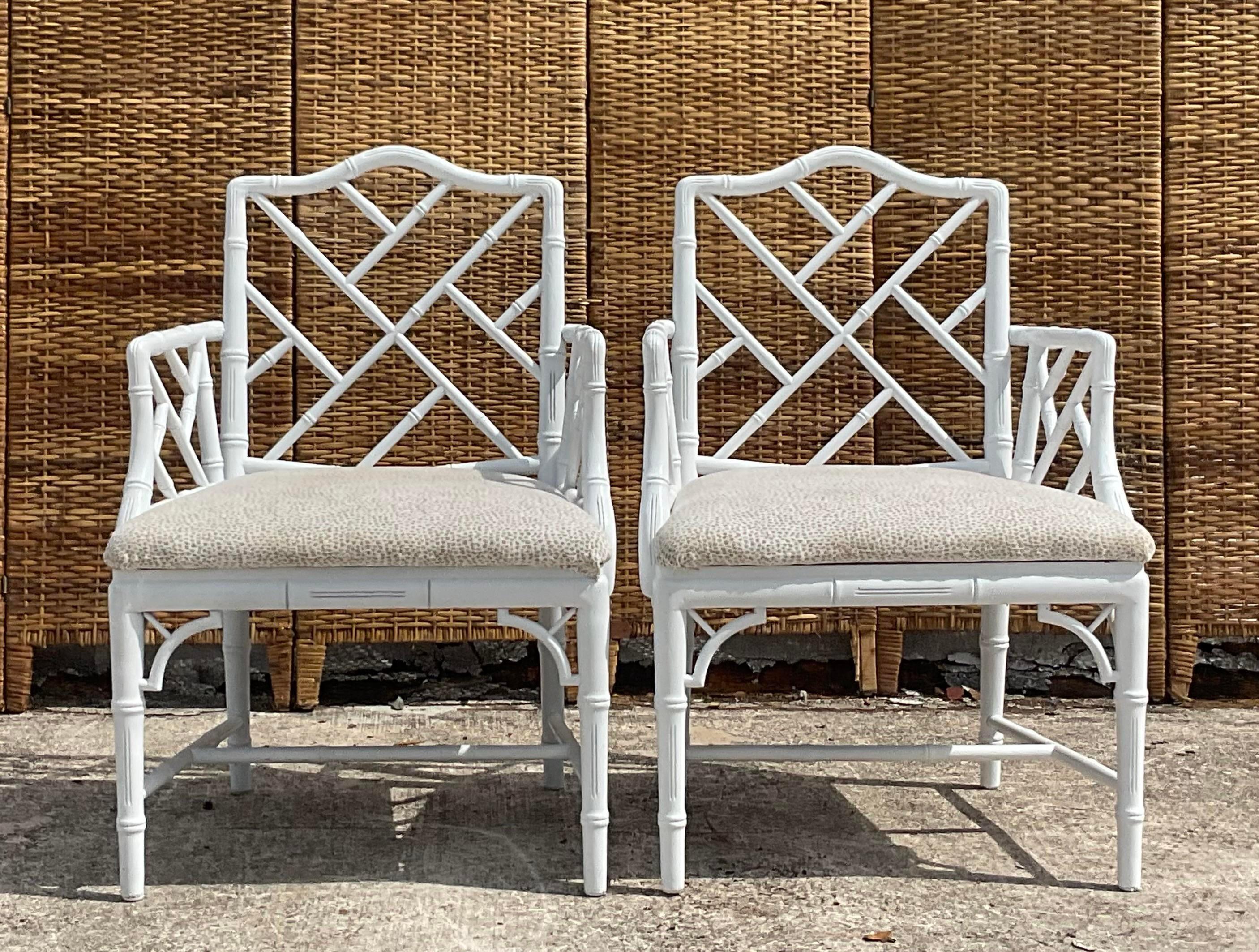 Vintage Coastal White Lacquered Chinese Chippendale Arm Chairs - a Pair For Sale 1