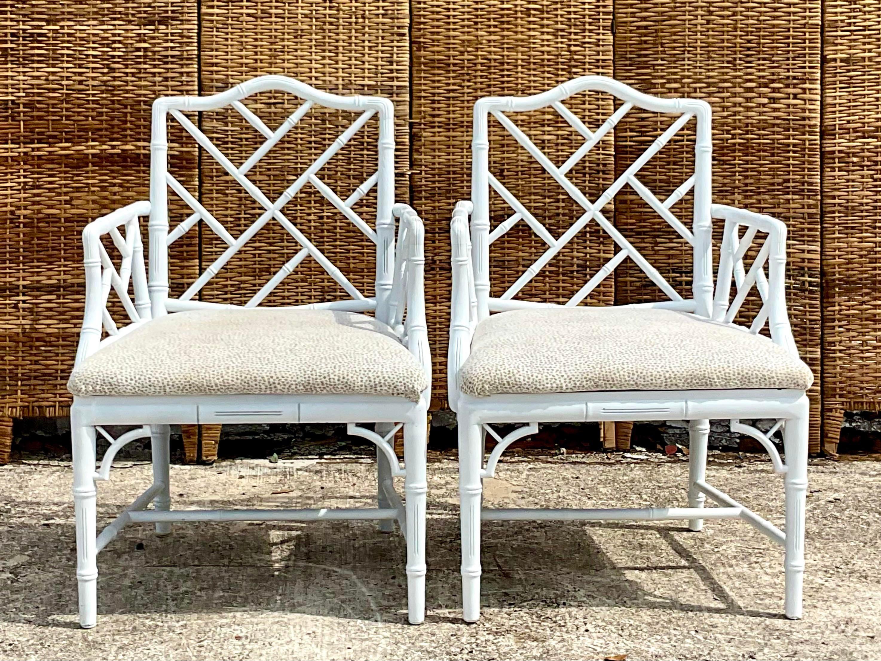 Vintage Coastal White Lacquered Chinese Chippendale Arm Chairs - a Pair For Sale 2