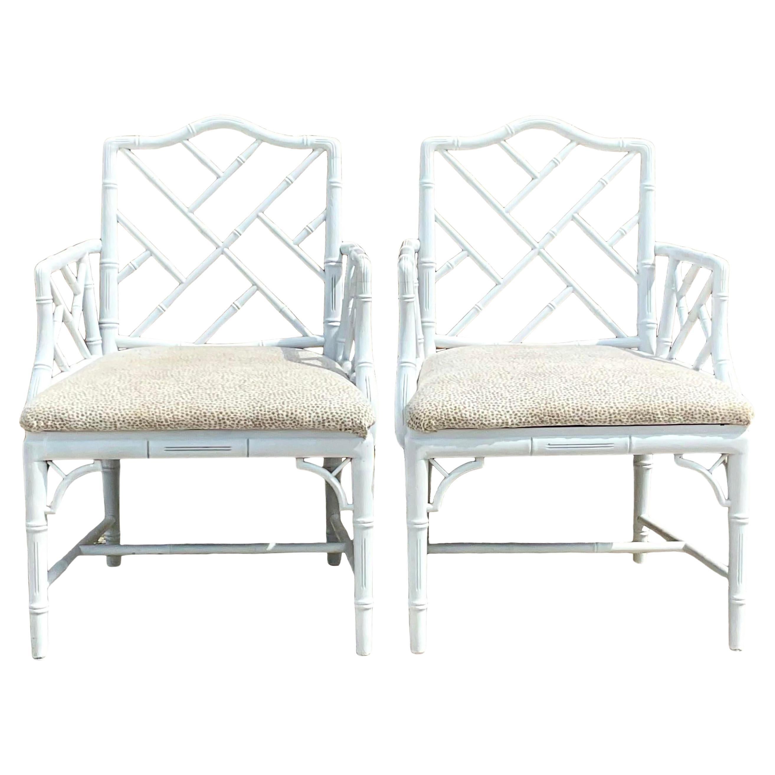 Vintage Coastal White Lacquered Chinese Chippendale Arm Chairs - a Pair For Sale