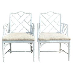 Used Coastal White Lacquered Chinese Chippendale Arm Chairs - a Pair
