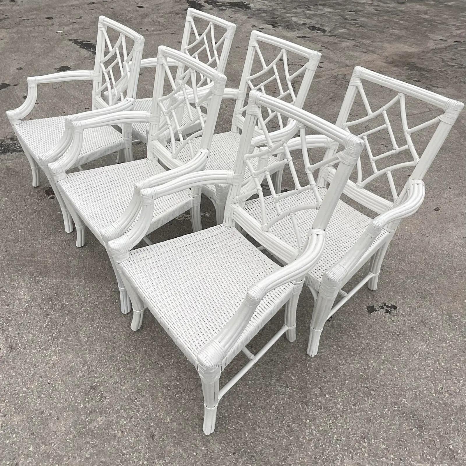 Philippine Vintage Coastal White Lacquered Diamond Back Dining Chairs - Set of 6